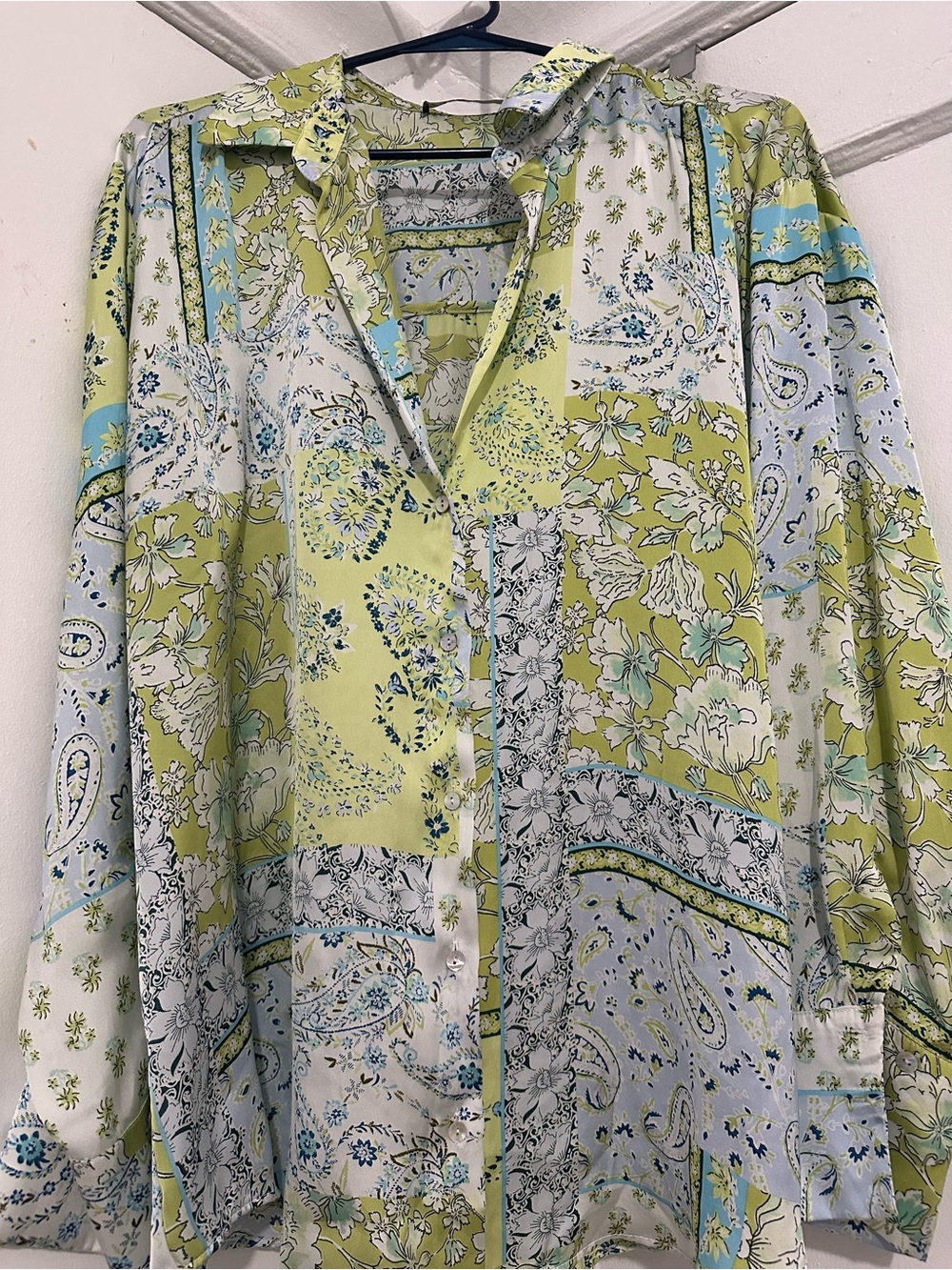 Zara Light Green and Pale Blue Floral Patchwork Button-Down Shirt